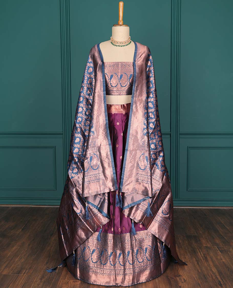 Purple zari buttas artsilk halfsaree,contrast traditional design stonework border, blouse & dhavani of jaal designs