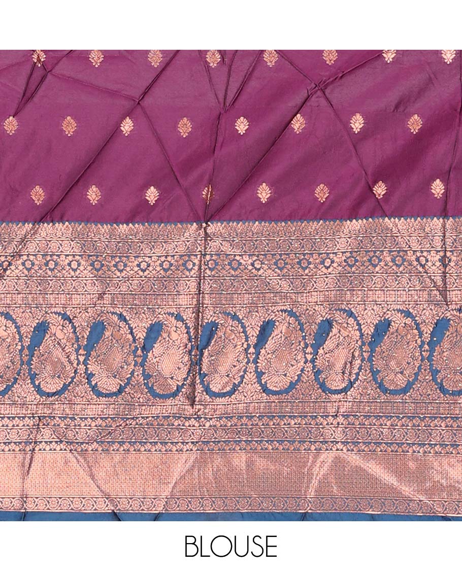 Purple zari buttas artsilk halfsaree,contrast traditional design stonework border, blouse & dhavani of jaal designs