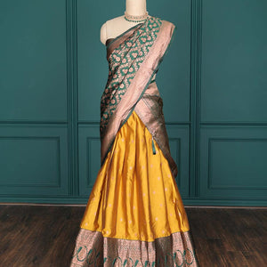 Purple zari buttas artsilk halfsaree,contrast traditional design stonework border, blouse & dhavani of jaal designs
