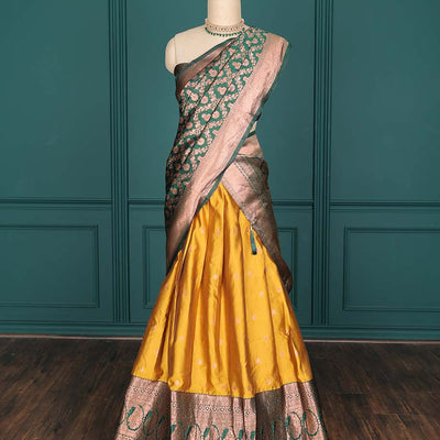 Purple zari buttas artsilk halfsaree,contrast traditional design stonework border, blouse & dhavani of jaal designs