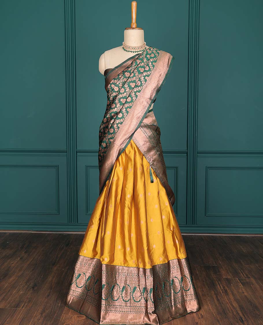 Purple zari buttas artsilk halfsaree,contrast traditional design stonework border, blouse & dhavani of jaal designs