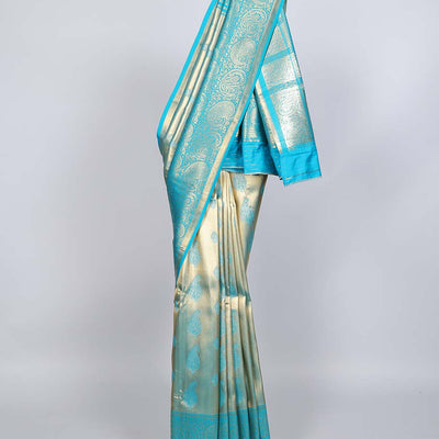 Blue paisley design Semi banaras tissue saree, border of embellished paisley motifs & intricate pallu of paisleys