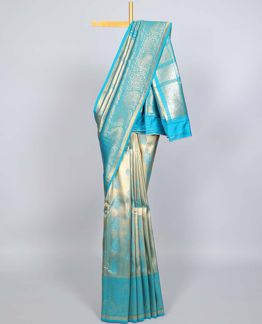 Blue paisley design Semi banaras tissue saree, border of embellished paisley motifs & intricate pallu of paisleys