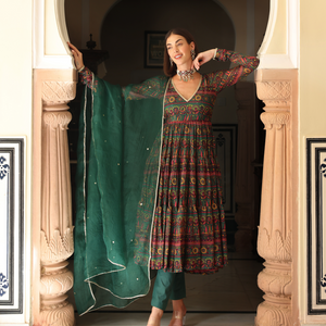 Dune Green Printed Chinon Suit Set