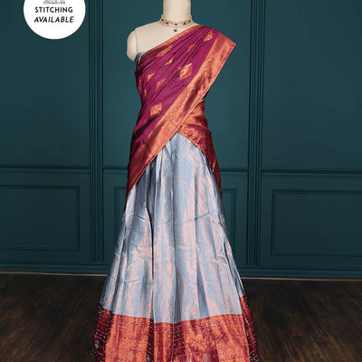Blue jacquard artsilk half saree,contrast traditional design zari stone work border, blouse & contrast intricate dhavani