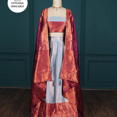 Blue jacquard artsilk half saree,contrast traditional design zari stone work border, blouse & contrast intricate dhavani