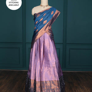 Blue jacquard artsilk half saree,contrast traditional design zari stone work border, blouse & contrast intricate dhavani