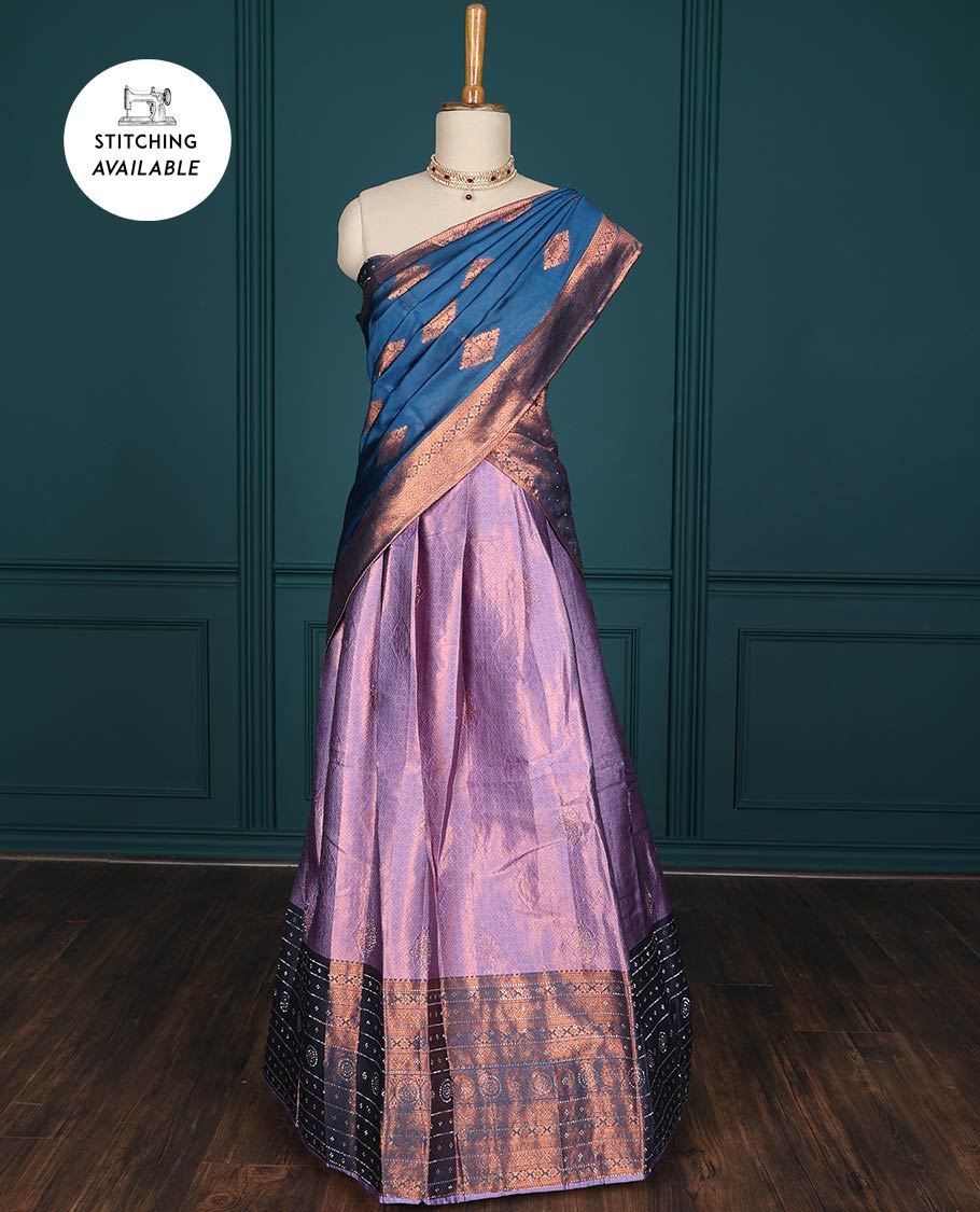 Blue jacquard artsilk half saree,contrast traditional design zari stone work border, blouse & contrast intricate dhavani