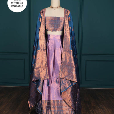 Blue jacquard artsilk half saree,contrast traditional design zari stone work border, blouse & contrast intricate dhavani