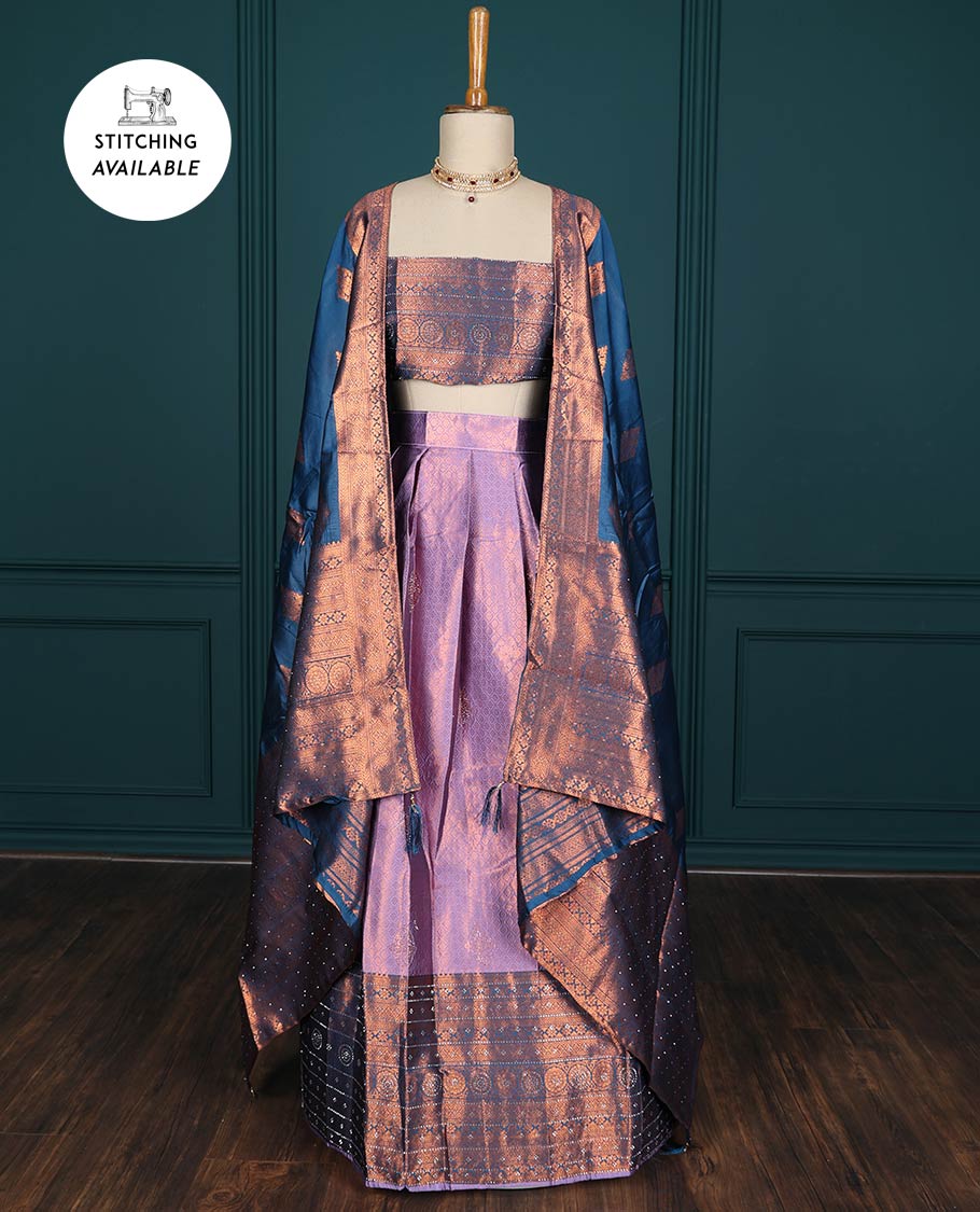 Blue jacquard artsilk half saree,contrast traditional design zari stone work border, blouse & contrast intricate dhavani
