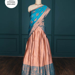 Blue jacquard artsilk half saree,contrast traditional design zari stone work border, blouse & contrast intricate dhavani