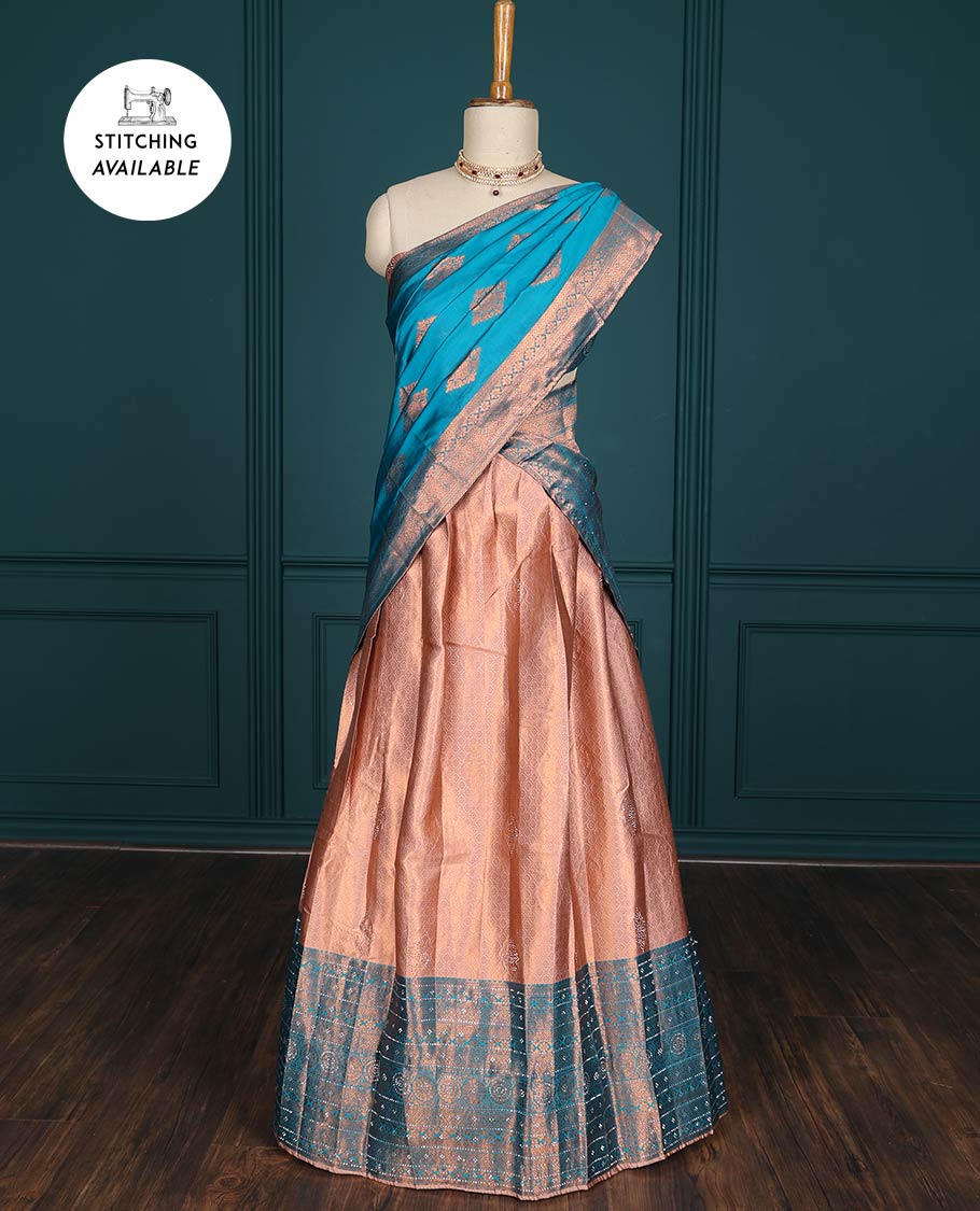 Blue jacquard artsilk half saree,contrast traditional design zari stone work border, blouse & contrast intricate dhavani