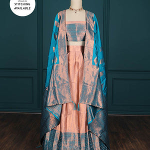 Blue jacquard artsilk half saree,contrast traditional design zari stone work border, blouse & contrast intricate dhavani
