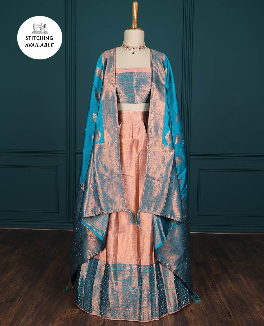 Blue jacquard artsilk half saree,contrast traditional design zari stone work border, blouse & contrast intricate dhavani