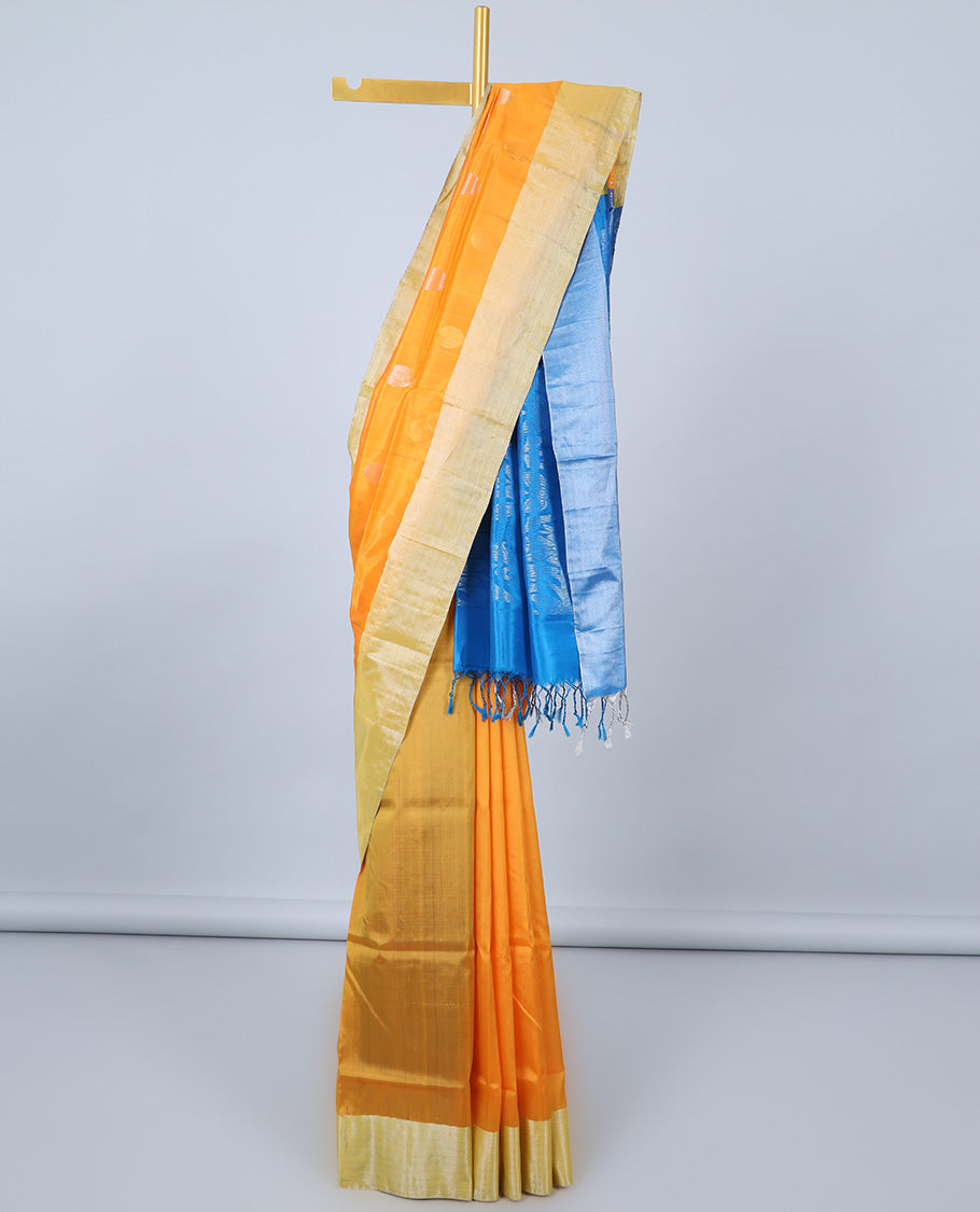 Orange uppada silk mix saree with buttas, plain border & contrast intricate pallu