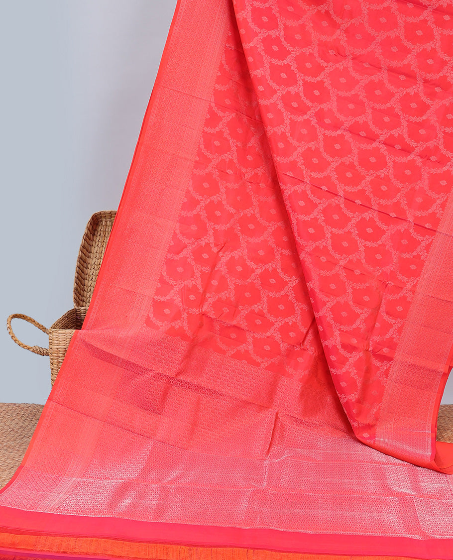 Red floral jacquard silk saree, traditional zari designs & pallu of paisley designs