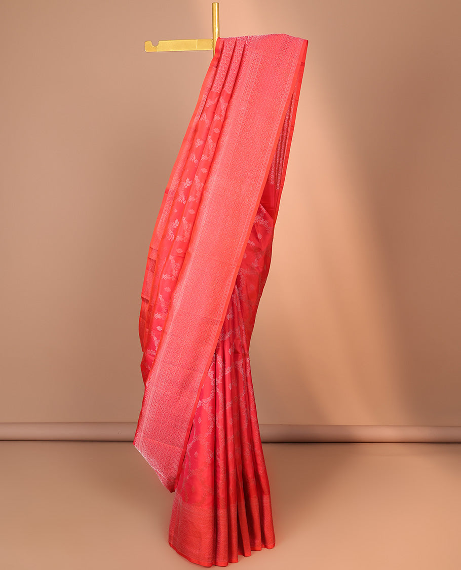 Red floral jacquard silk saree, traditional zari designs & pallu of paisley designs
