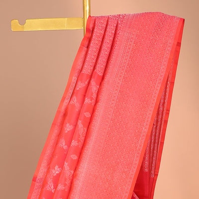 Red floral jacquard silk saree, traditional zari designs & pallu of paisley designs
