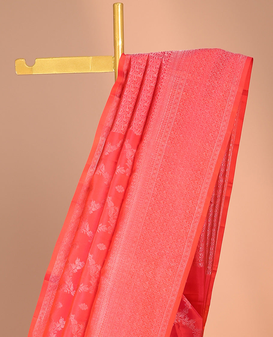 Red floral jacquard silk saree, traditional zari designs & pallu of paisley designs