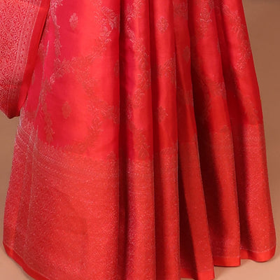 Red floral jacquard silk saree, traditional zari designs & pallu of paisley designs