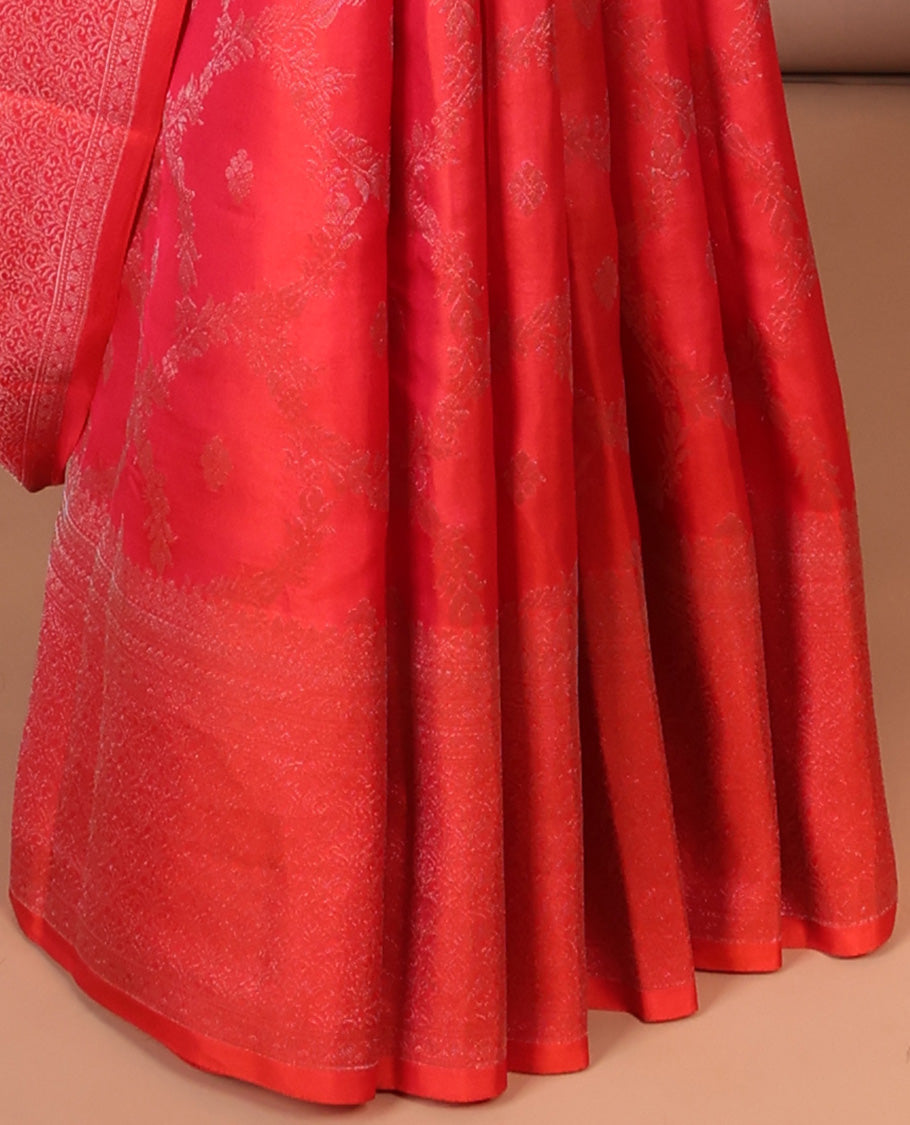 Red floral jacquard silk saree, traditional zari designs & pallu of paisley designs