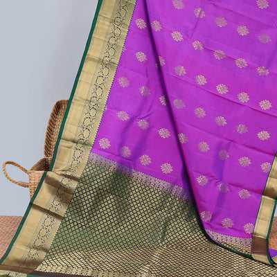 Purple zari buttas silksaree, contrast jaal pallu & border of thilakam,neli,kathir,kodi visiry & mayil kann