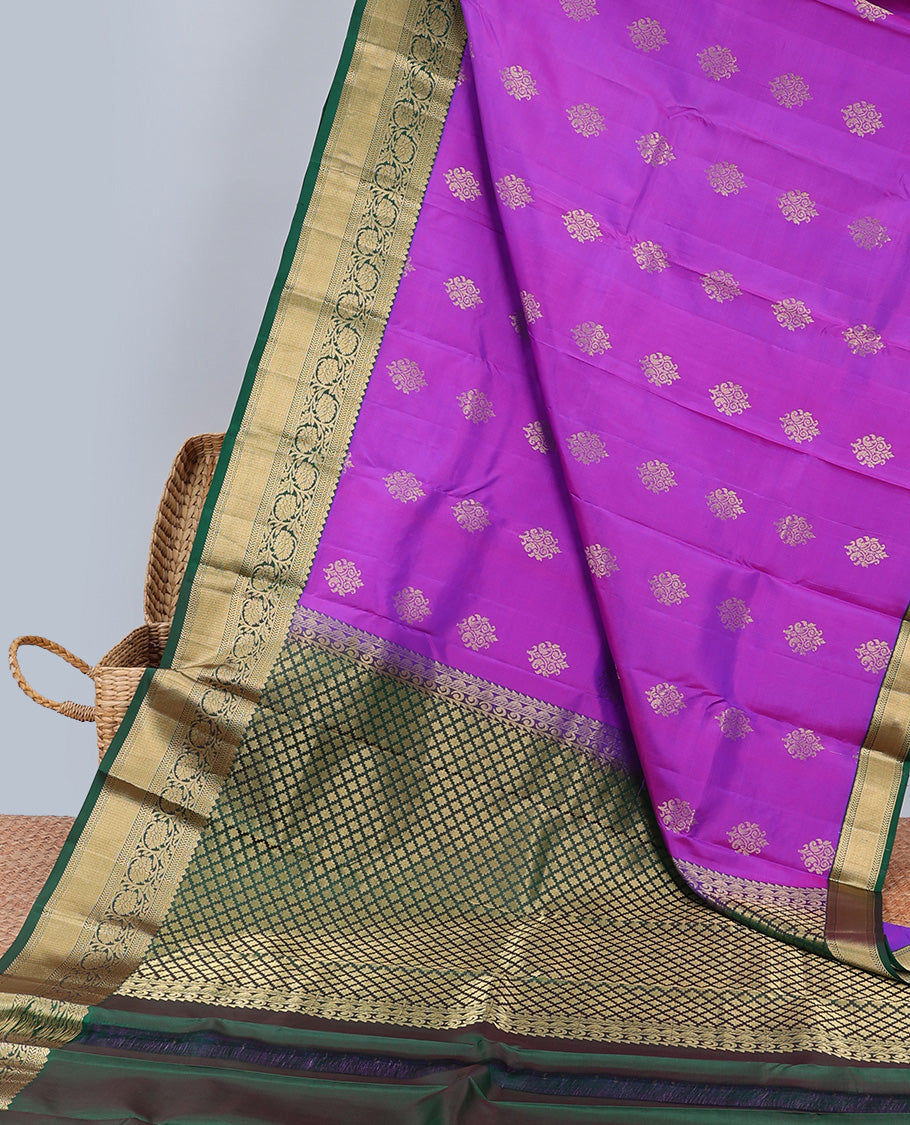 Purple zari buttas silksaree, contrast jaal pallu & border of thilakam,neli,kathir,kodi visiry & mayil kann