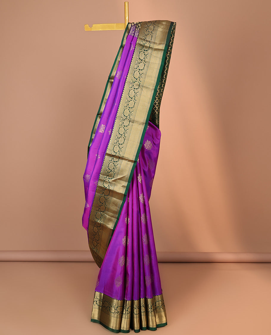 Purple zari buttas silksaree, contrast jaal pallu & border of thilakam,neli,kathir,kodi visiry & mayil kann