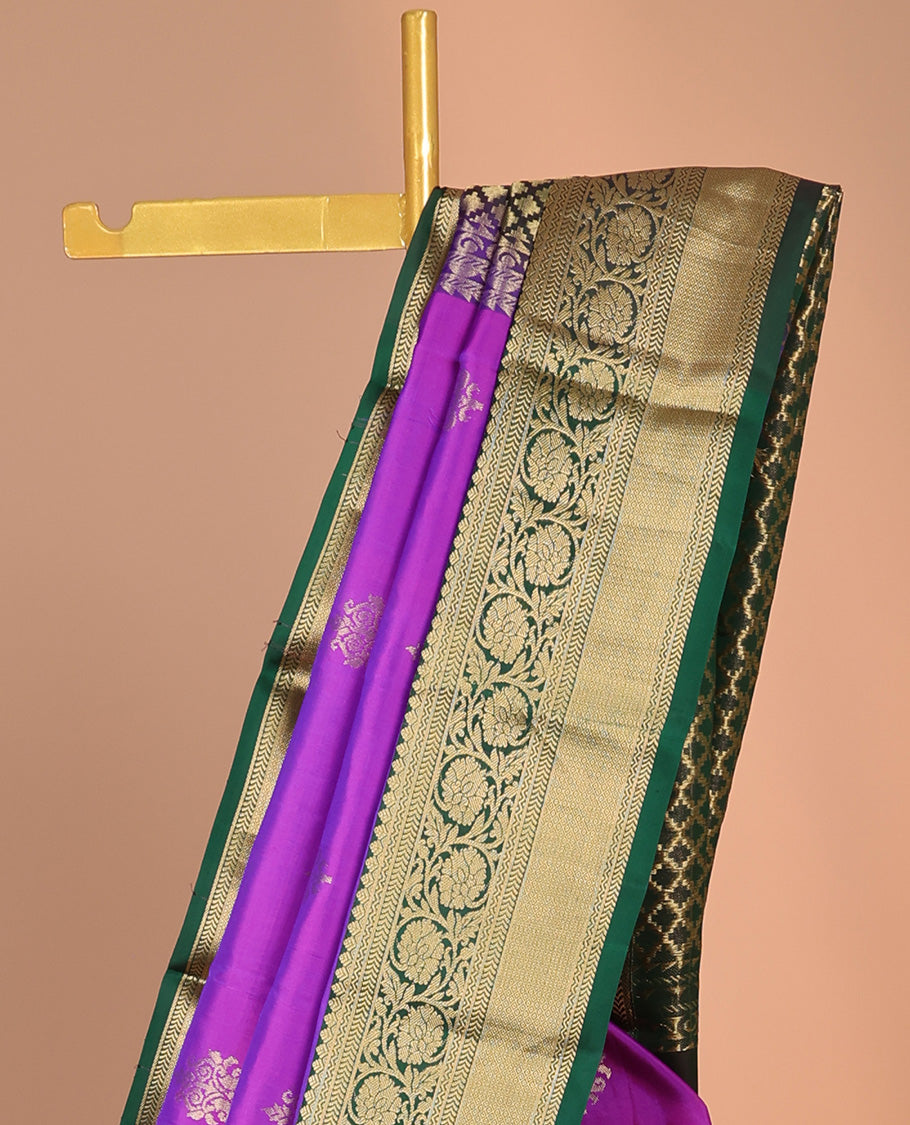 Purple zari buttas silksaree, contrast jaal pallu & border of thilakam,neli,kathir,kodi visiry & mayil kann