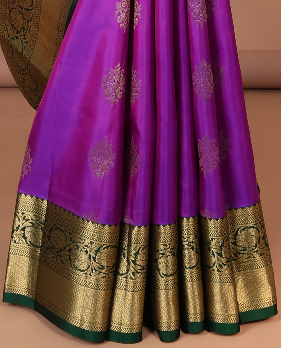 Purple zari buttas silksaree, contrast jaal pallu & border of thilakam,neli,kathir,kodi visiry & mayil kann