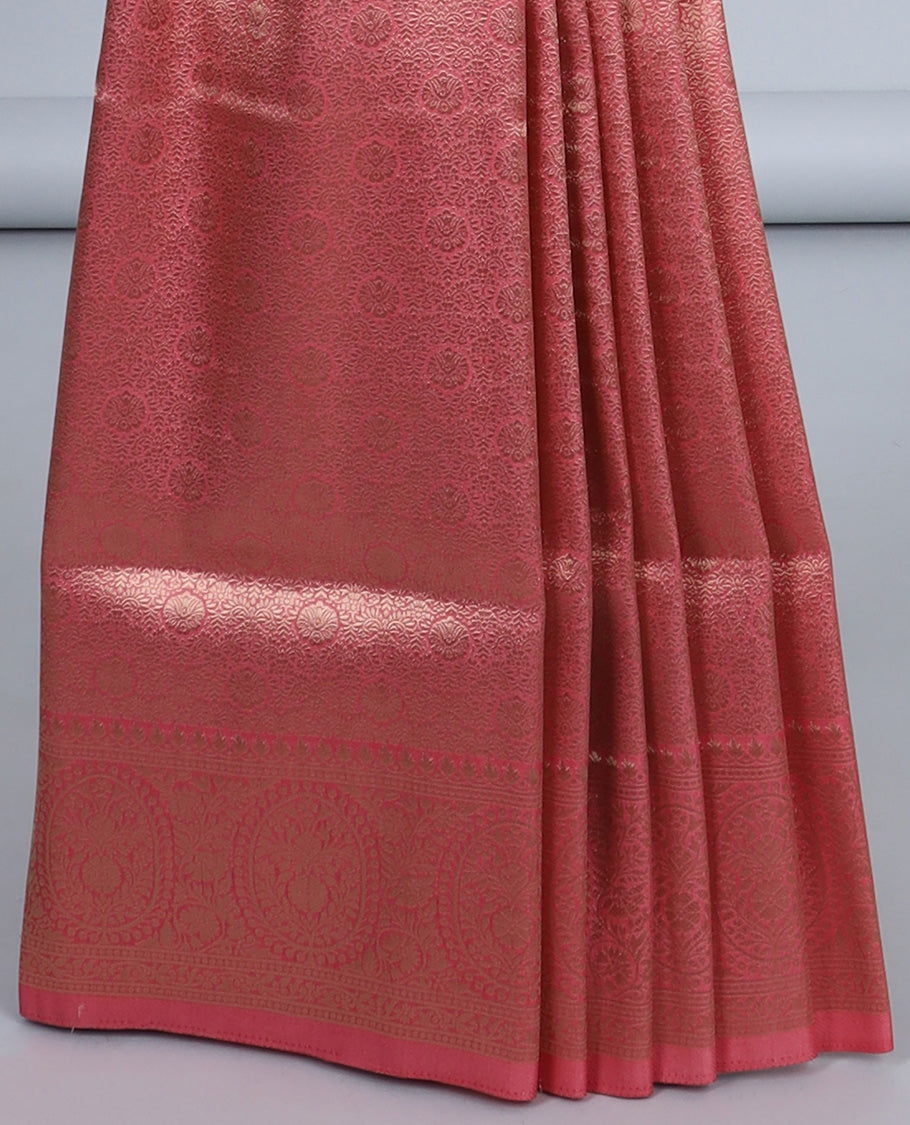 Peach jacquard fancy softy saree, zari border & pallu of traditional designs