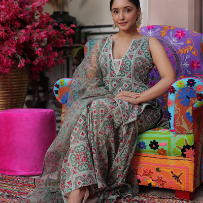 Mint Breeze Printed Georgette Sharara Set
