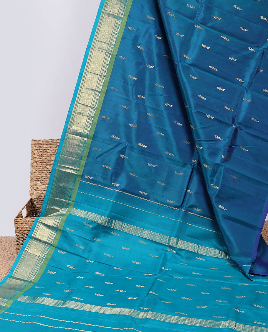 Blue buttas kancheepuram silksaree, zari design pallu & contrast border of panner sombu,banaras,muthu,mayil kann