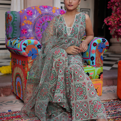 Mint Breeze Printed Georgette Sharara Set