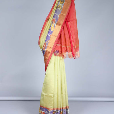Green striped kuppadam cotton saree, contrast ikkat design border & pallu of stripes