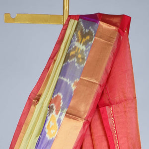 Green striped kuppadam cotton saree, contrast ikkat design border & pallu of stripes