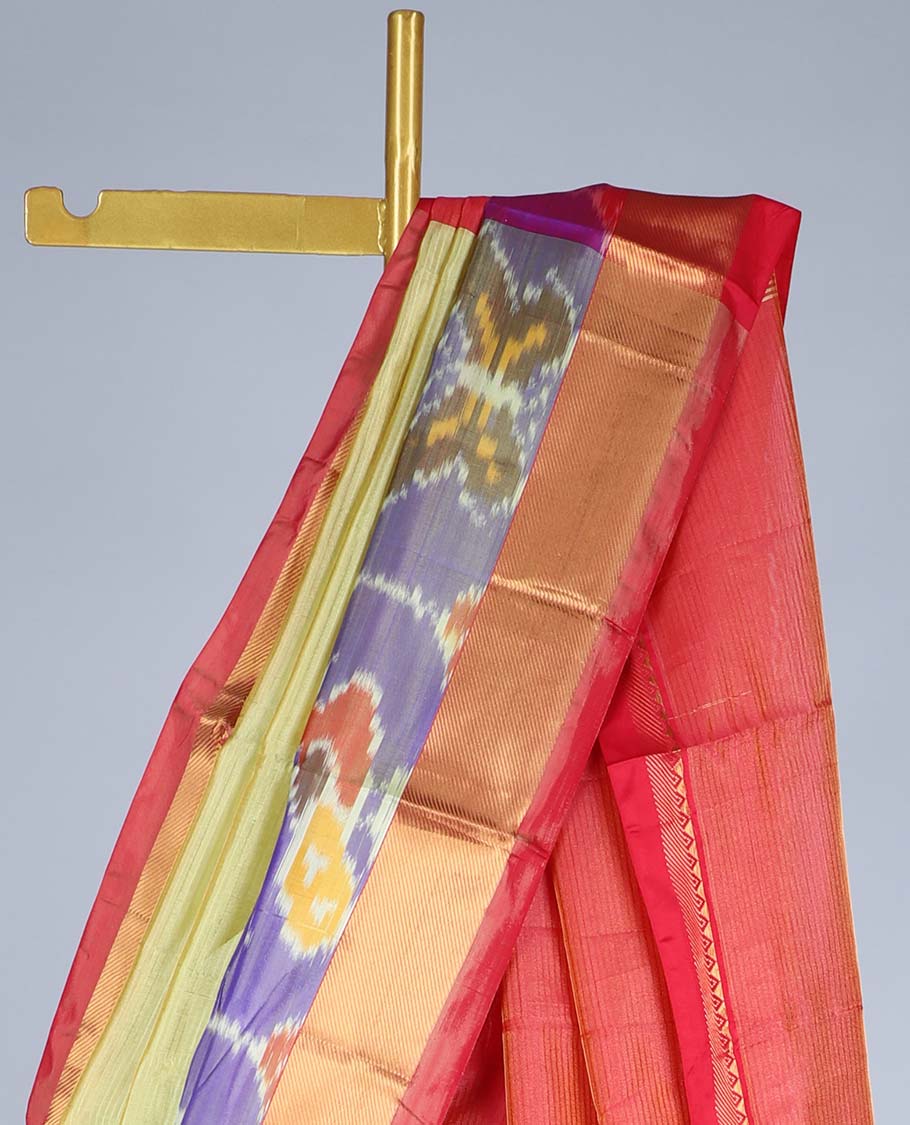 Green striped kuppadam cotton saree, contrast ikkat design border & pallu of stripes