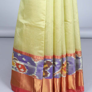 Green striped kuppadam cotton saree, contrast ikkat design border & pallu of stripes
