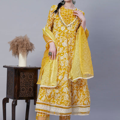 Floral Printed Resham & Pearl Embroidered Anarkali Kurta with Pants & Shaded Embroidered Dupatta - Mustard