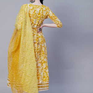 Floral Printed Resham & Pearl Embroidered Anarkali Kurta with Pants & Shaded Embroidered Dupatta - Mustard
