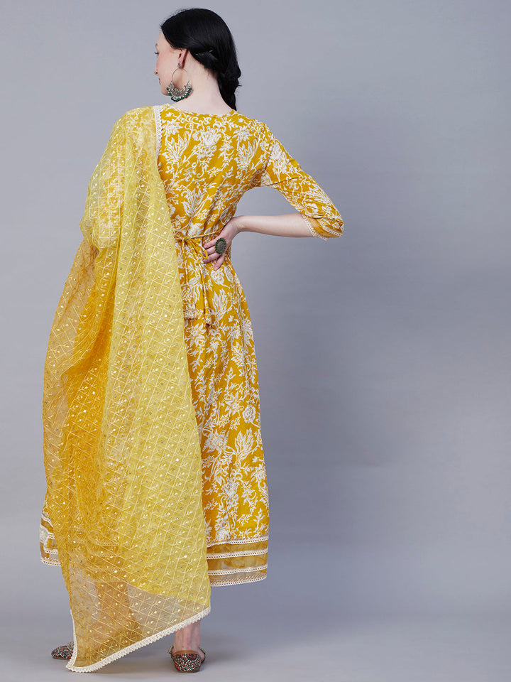 Floral Printed Resham & Pearl Embroidered Anarkali Kurta with Pants & Shaded Embroidered Dupatta - Mustard