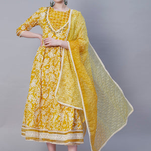 Floral Printed Resham & Pearl Embroidered Anarkali Kurta with Pants & Shaded Embroidered Dupatta - Mustard