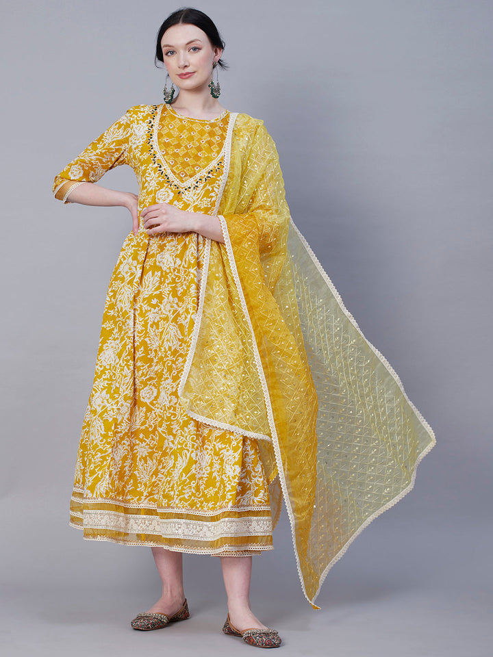 Floral Printed Resham & Pearl Embroidered Anarkali Kurta with Pants & Shaded Embroidered Dupatta - Mustard