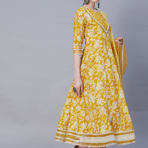 Floral Printed Resham & Pearl Embroidered Anarkali Kurta with Pants & Shaded Embroidered Dupatta - Mustard