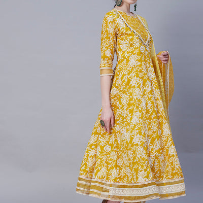 Floral Printed Resham & Pearl Embroidered Anarkali Kurta with Pants & Shaded Embroidered Dupatta - Mustard