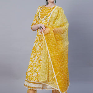 Floral Printed Resham & Pearl Embroidered Anarkali Kurta with Pants & Shaded Embroidered Dupatta - Mustard