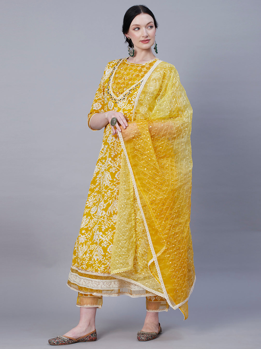 Floral Printed Resham & Pearl Embroidered Anarkali Kurta with Pants & Shaded Embroidered Dupatta - Mustard