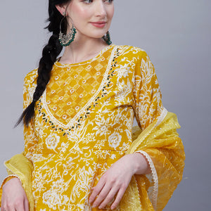 Floral Printed Resham & Pearl Embroidered Anarkali Kurta with Pants & Shaded Embroidered Dupatta - Mustard