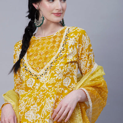 Floral Printed Resham & Pearl Embroidered Anarkali Kurta with Pants & Shaded Embroidered Dupatta - Mustard