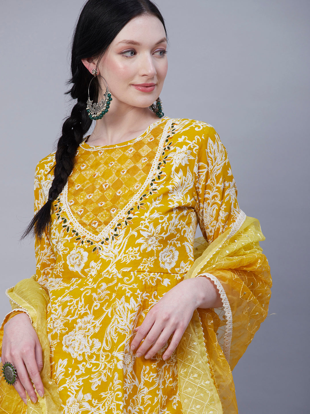 Floral Printed Resham & Pearl Embroidered Anarkali Kurta with Pants & Shaded Embroidered Dupatta - Mustard